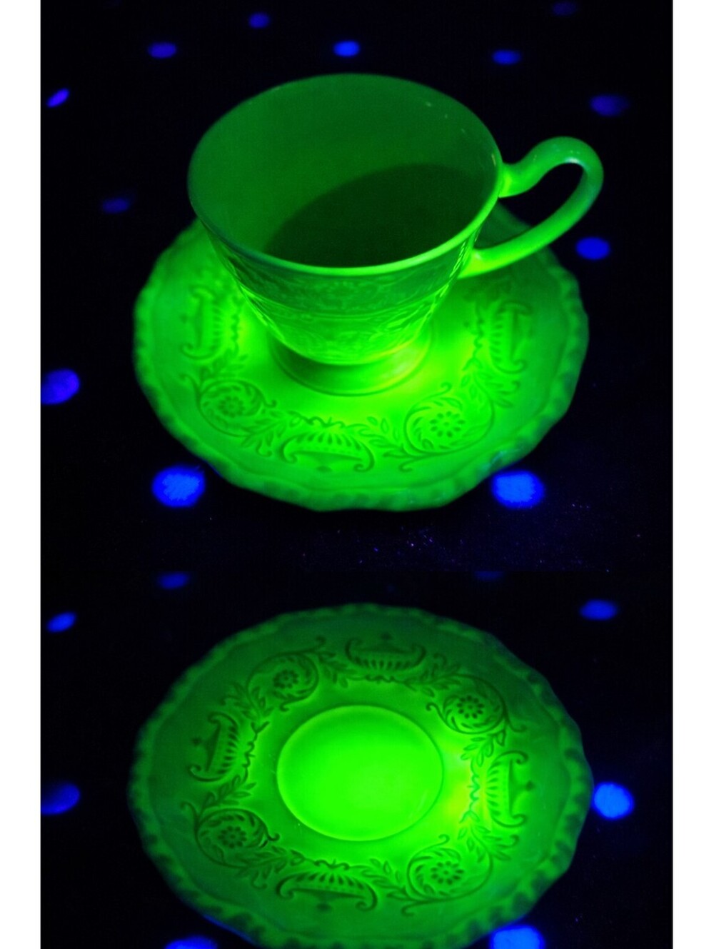 2 Steubenville Adam Antique Uranium Glaze Demitasse Footed Cup Saucer Sets